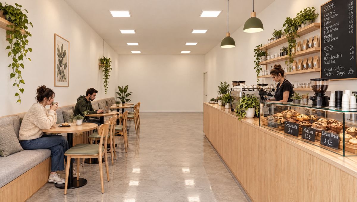 Interior de un local habilitado como cafetería
